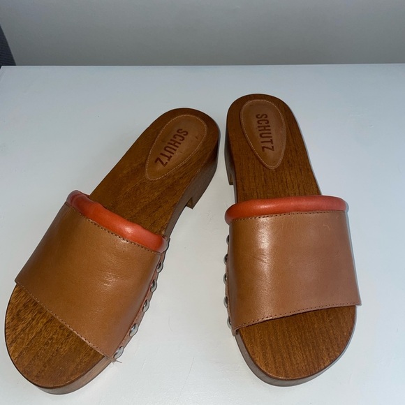 NWOT SCHUTZ SHAY Leather Platform Wood SANDALS Studs Details size 7.5 - Picture 2 of 3